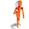 Orange / red manikin looking through a magnifier