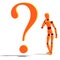 An orange red manikin standing by a question mark