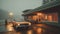 Orange retro style car parked near a traditional motel. Misty evening after the rain. Generative AI