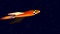 Orange retro toy rocket ship in space with fast moving stars. 3d Animation.