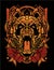 Orange roaring panda head cyberpunk with floral and  sacred geometry background for poster and tshirt design