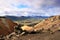 Orange rocks, green valley, hills and glacier in Landmannalaugar National Park, Iceland