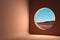 Orange room without furniture and with round window to beautiful view to desert and sands. 3d rendering