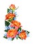 Orange roses amv small blue flowers in corner arrangement