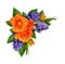 Orange roses and hyacinth flowers in a corner floral arrangement