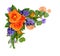 Orange roses and hyacinth flowers with eucalyptus leaves and paint blots in a corner floral arrangement