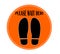 Orange round sign with text Please Wait Here and shoe prints, illustration. Social distancing - protection measure during