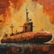 Orange Rusty Submarine Painting In Simon Bisley Style