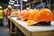 orange safety helmets on a clean table in a recycling plant