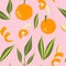 Orange seamless pattern. Exotic tropical mandarin citrus fruit, juicy tangerine with green leaves, vector cartoon minimalistic