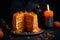 Orange seasonal Halloween cake on dark background