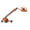 Orange self propelled articulated wheeled lift with telescoping boom and basket on white. 3D illustration