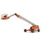 Orange self propelled articulated wheeled lift with telescoping boom and basket on white. 3D illustration