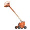 Orange self propelled articulated wheeled lift with telescoping boom and basket on white. 3D illustration