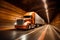 An orange semi truck driving through a tunnel. Generative AI image.