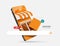 Orange shopping bag, search bar, press buy icon appear and display front smartphone store or shop