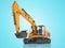 Orange single bucket excavator with hydraulic mechpatoy on metal driven track 3D render on blue background with shadow