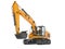 Orange single bucket excavator with hydraulic mechpatoy on metal driven track 3D render on white background no shadow