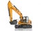 Orange single bucket excavator with hydraulic mechpatoy on metal driven track 3D render on white background with shadow
