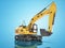 Orange single bucket excavator with hydraulic mechpatoy on tracked metal go isolated 3d render on blue background with shadow