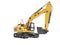 Orange single bucket excavator with hydraulic mechpatoy on tracked metal go isolated 3d render on white background no shadow