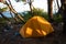 Orange single tent on the Lycian trail in Turkey