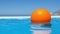 an orange sitting in the middle of a pool of water