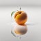an orange sitting on top of a white surface with a leaf. generative ai