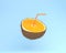 Orange slice, juice with Straws in coconut on pastel blue background. minimal fruit concept. Idea creative foods and drinks that