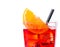 Orange slice on top of the red cocktail with ice cubes and straw on white background