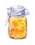 Orange slices in glass jar. Watercolor food, citrus conservation