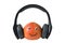 Orange smiley with headphones on an isolated white background. .. Food with Funny Faces