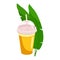 Orange smoothie cup with straw and green leaves. Refreshing tropical juice drink illustration. Summer beverage and