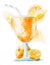 Orange smoothie or shake in a glass decorated with pieces of mango, slice of orange and drinking straw isolated hand