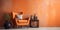 Orange snuggle chair and rustic side tables near stucco wall. Interior design of modern living room