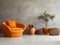 Orange snuggle chair and rustic side tables near stucco wall. Interior design of modern living room