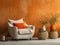 Orange snuggle chair and rustic side tables near stucco wall. Interior design of modern living room