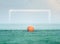 An orange soccer ball centered in front of an out of focus soccer goal