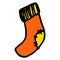 the orange sock icon. hand-drawn orange sock with yellow in the style of doodles, with a black outline side view for a