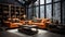 Orange Sofas Living Room with Wood Design With Big Glass Windows Interior Background