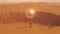 Orange Spaceman Spacewoman With Large Alien Silver Sphere Glowing Orange Crater Desert Sand Dune Landscape