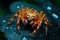 Orange spider on blue leaf with water drops in wildlife, macro view