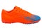 Orange sports boots or sneakers for playing soccer, on white background