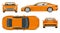 Orange sports car vector template side, front, back top view
