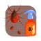 Orange sprayer of mite or tick insecticide and tick parasite. Colorful cartoon illustration