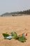 Orange sunglasses and bank cards lying on the sand beach. India Goa