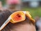 Orange sunglasses on the girl`s head. The glass mirrors the surroundings of the High Tatras in Slovakia.