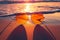 Orange sunglasses on sandy shores frame vibrant ocean sunset scene