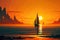 Orange sunlight illuminates the evening sky as it sets over the sea