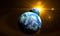 Orange sunrise and shadow on the two earth rotate in space with star in universe. World realistic atmosphere 3D volumetric clouds